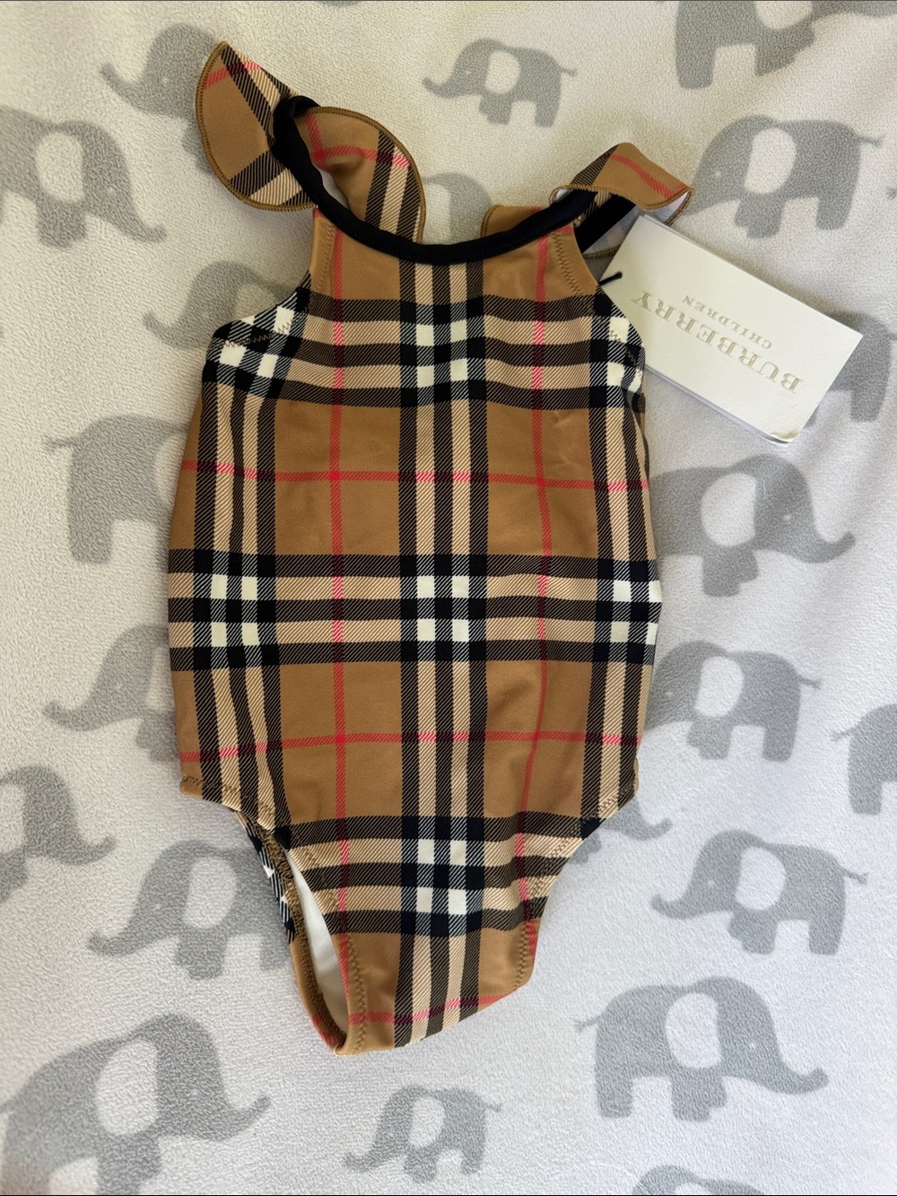 Burberry Tan Nova Check Infant One-Piece Swimsuit with Black Trim